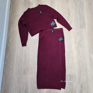 Lulus Burgundy Waffle Knit Two Piece Sweater Dress Midi Set Medium New With Tags
